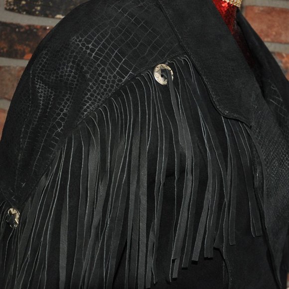Vintage 80s Black Western Suede Leather With Fringe Jacket M - Picture 3 of 11
